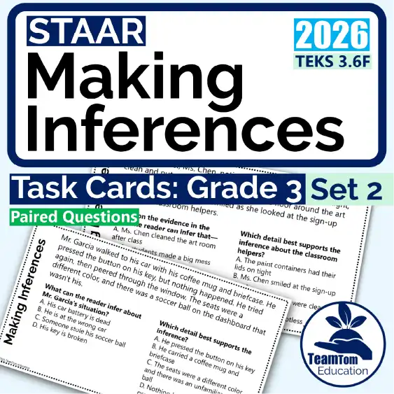 Cover of 2026 Making Inferences Task Cards Set 2 for TEKS 3.6F 3rd Grade STAAR Reading.